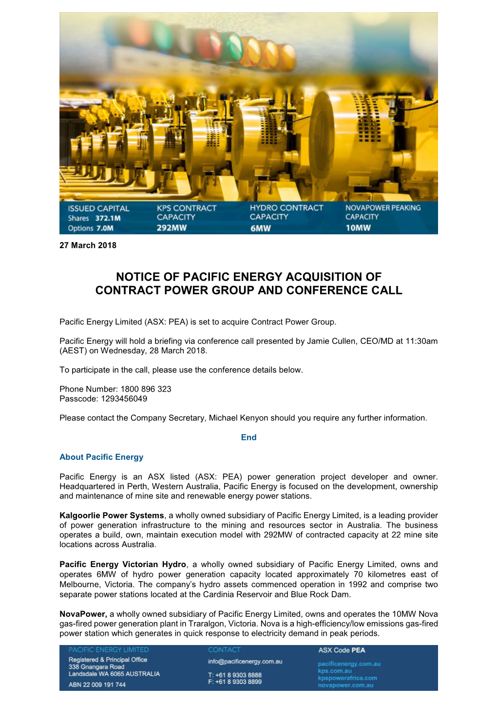 Notice of Pacific Energy Acquisition of Contract Power Group and Conference Call