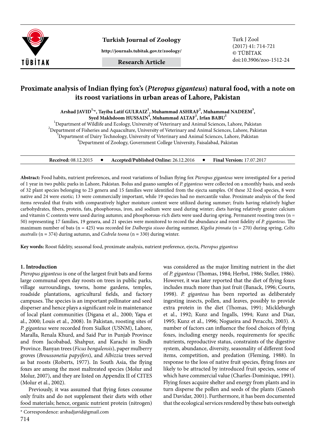 Proximate Analysis of Indian Flying Fox's (Pteropus Giganteus ) Natural