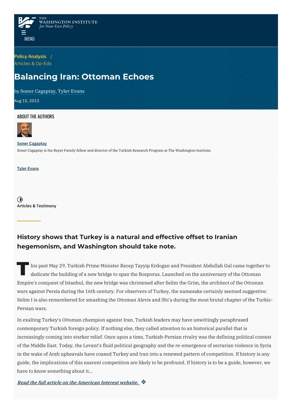 Balancing Iran: Ottoman Echoes | the Washington Institute