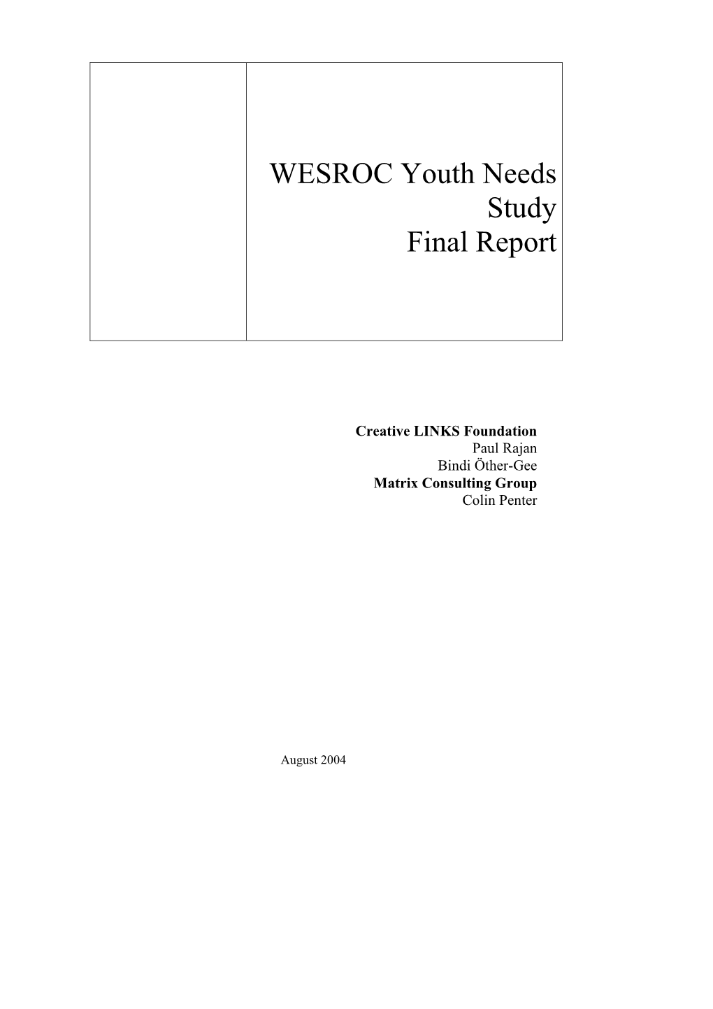 WESROC Youth Needs Study Final Report