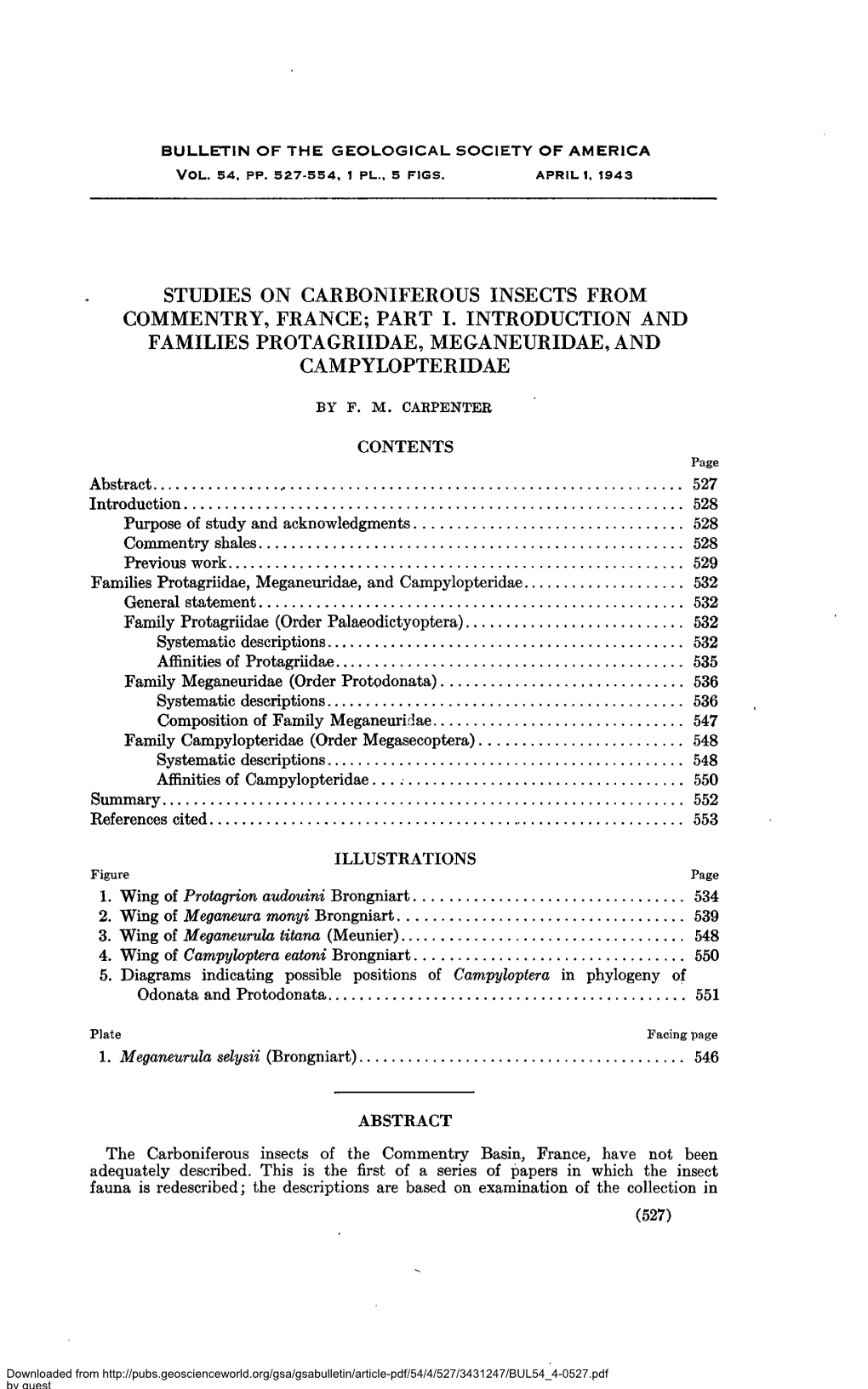 Studies on Carboniferous Insects from Commentry, France; Part I. Introduction and Families Protagriidae, Meganeuridae, and Campylopteridae by F