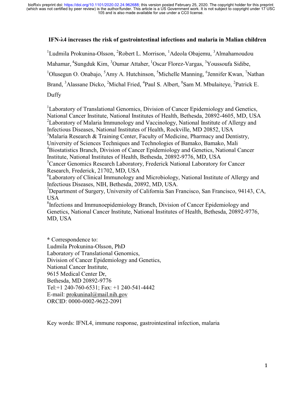 IFN-Λ4 Increases the Risk of Gastrointestinal Infections and Malaria in Malian Children