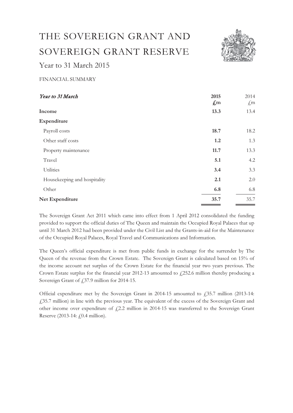 THE SOVEREIGN GRANT and SOVEREIGN GRANT RESERVE Year to 31 March 2015