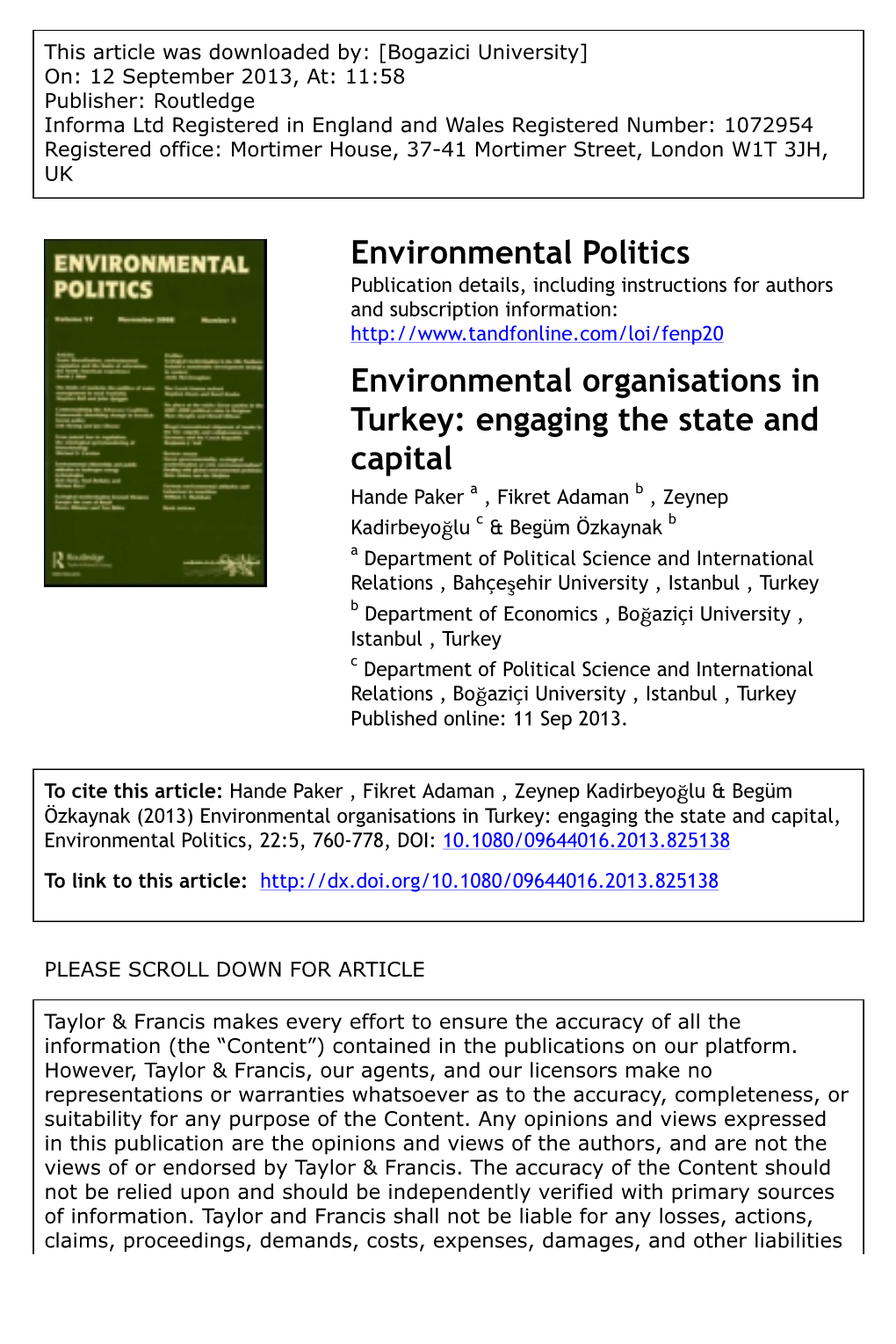 Environmental Politics Environmental Organisations in Turkey: Engaging the State and Capital