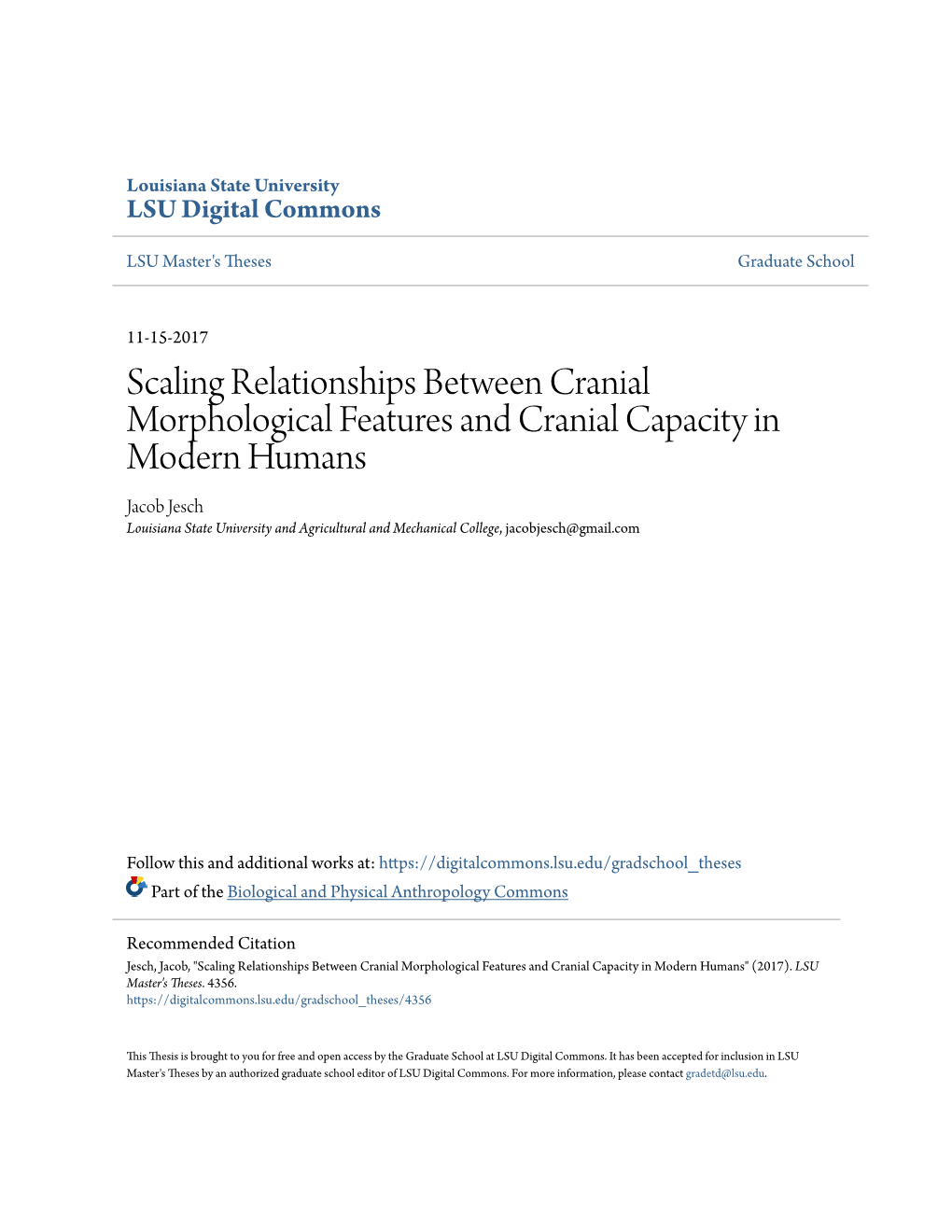 Scaling Relationships Between Cranial Morphological Features