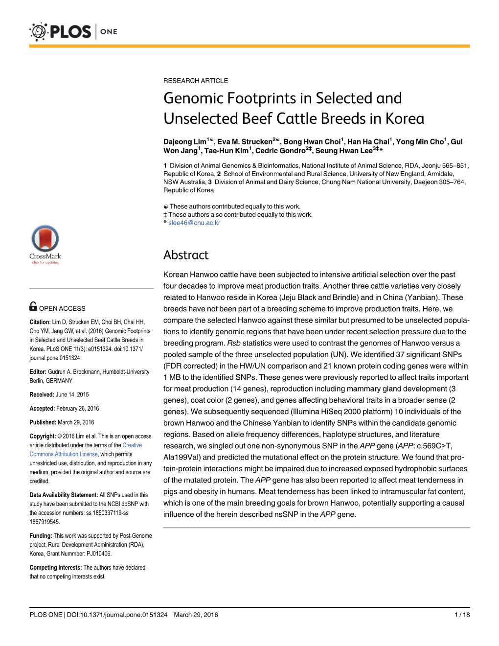 Genomic Footprints in Selected and Unselected Beef Cattle Breeds in Korea