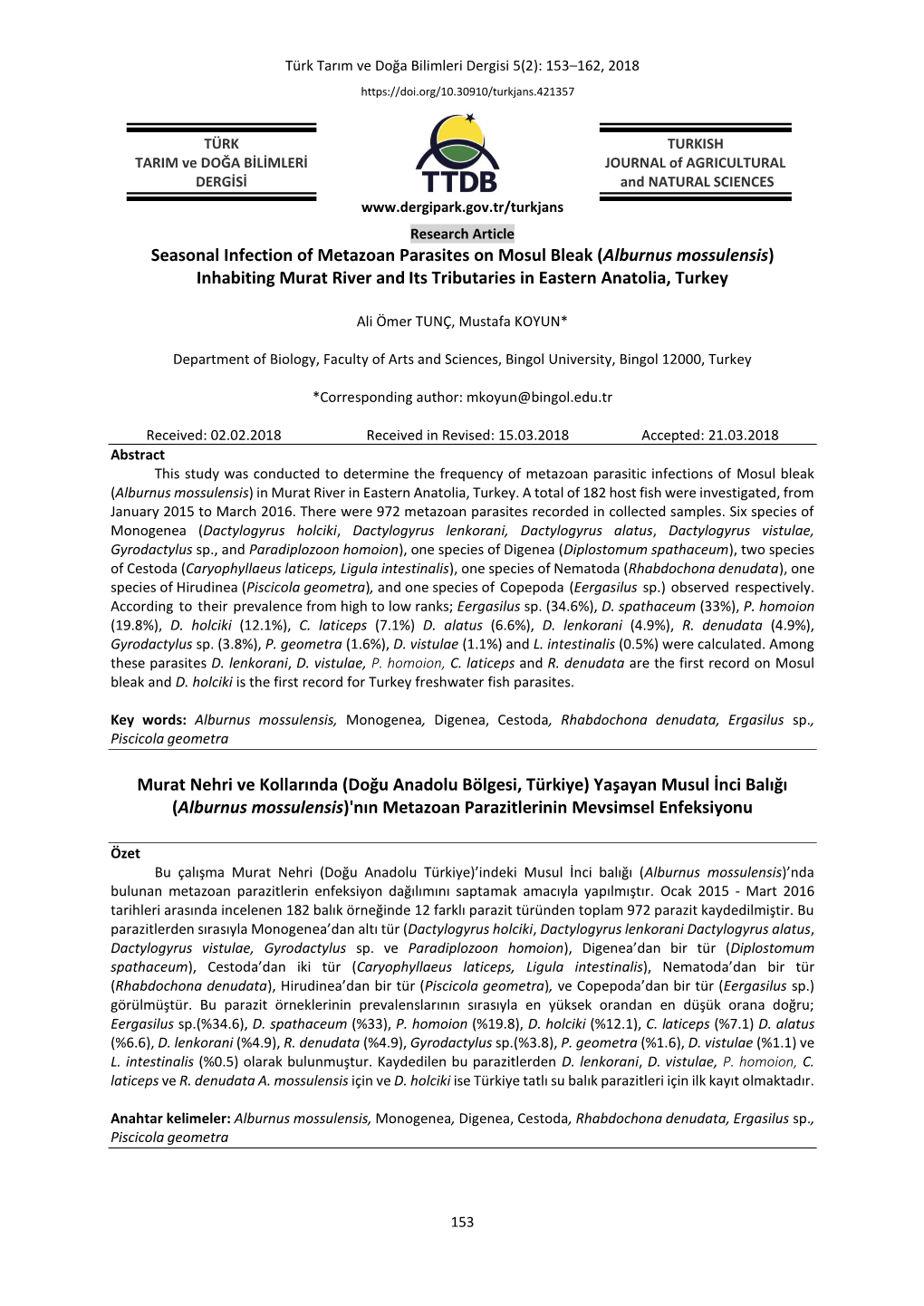 Alburnus Mossulensis) Inhabiting Murat River and Its Tributaries in Eastern Anatolia, Turkey