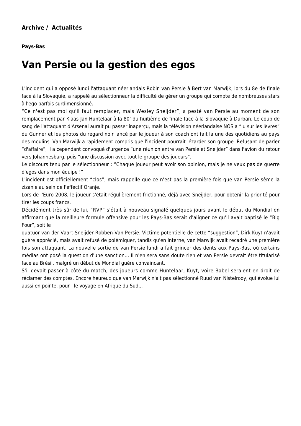 Van Persie Ou La Gestion Des Egos