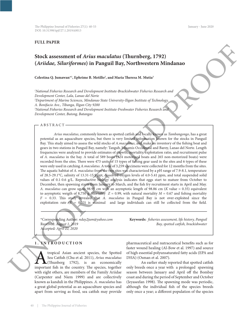 Stock Assessment of Arius Maculatus (Thurnberg, 1792) (Ariidae, Siluriformes) in Panguil Bay, Northwestern Mindanao