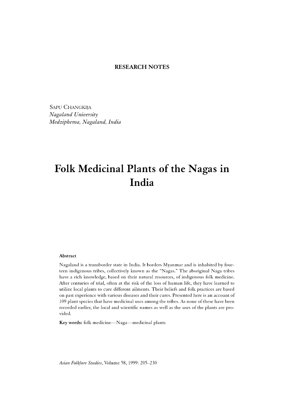 Folk Medicinal Plants of the Nagas in India