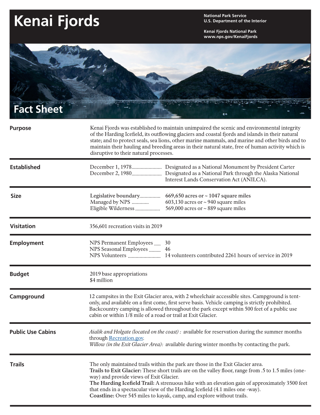 Kenai Fjords National Park Fact Sheet