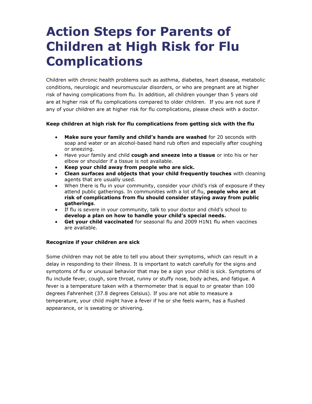 Action Steps for Parents of Children at High Risk for Flu Complications