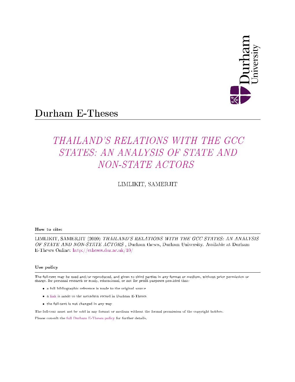 Thailand's Relations with the Gcc States: an Analysis of State and Non-State Actors