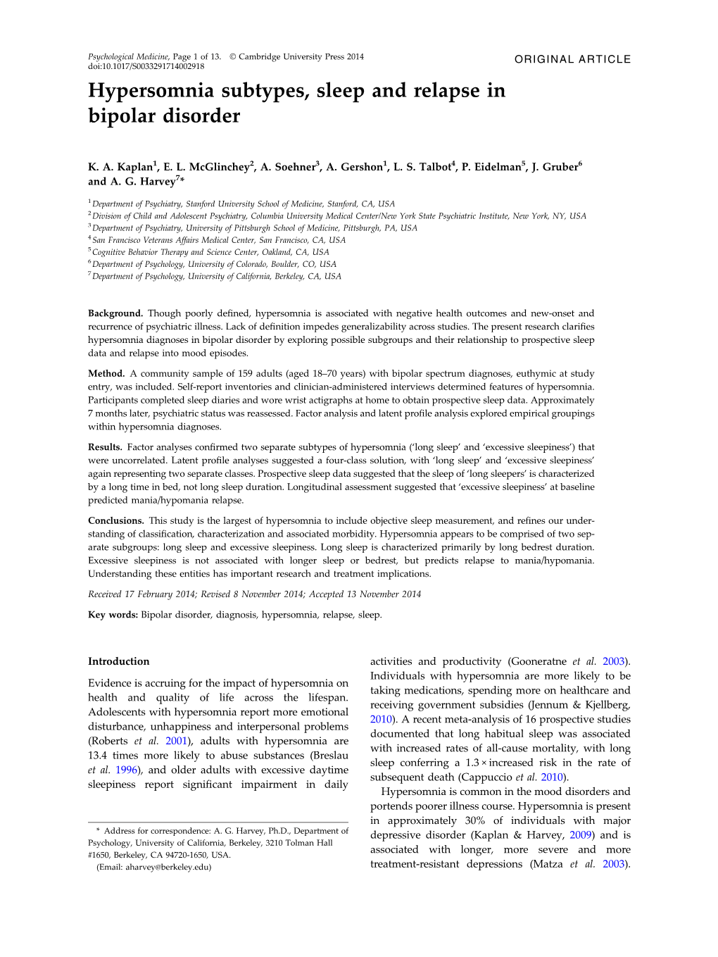 Hypersomnia Subtypes, Sleep and Relapse in Bipolar Disorder