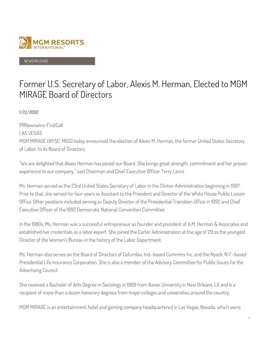 Former U.S. Secretary of Labor, Alexis M. Herman, Elected to MGM MIRAGE Board of Directors