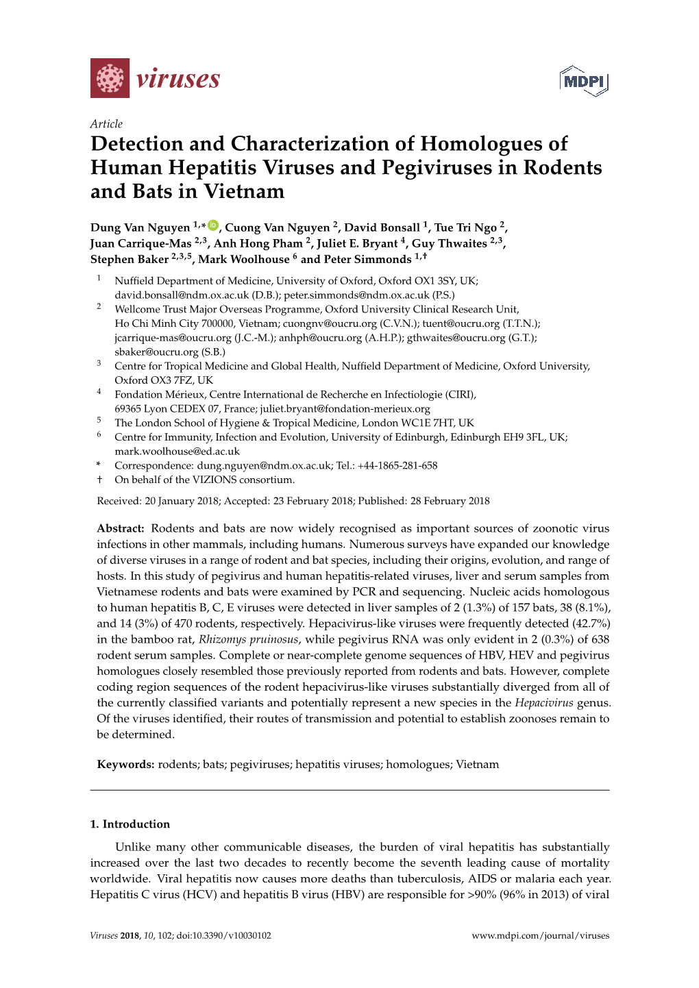 Detection and Characterization of Homologues of Human Hepatitis Viruses and Pegiviruses in Rodents and Bats in Vietnam