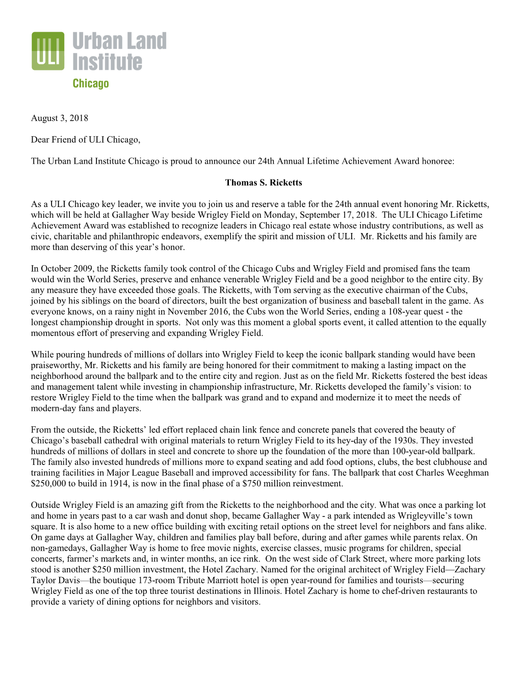 August 3, 2018 Dear Friend of ULI Chicago, the Urban Land Institute