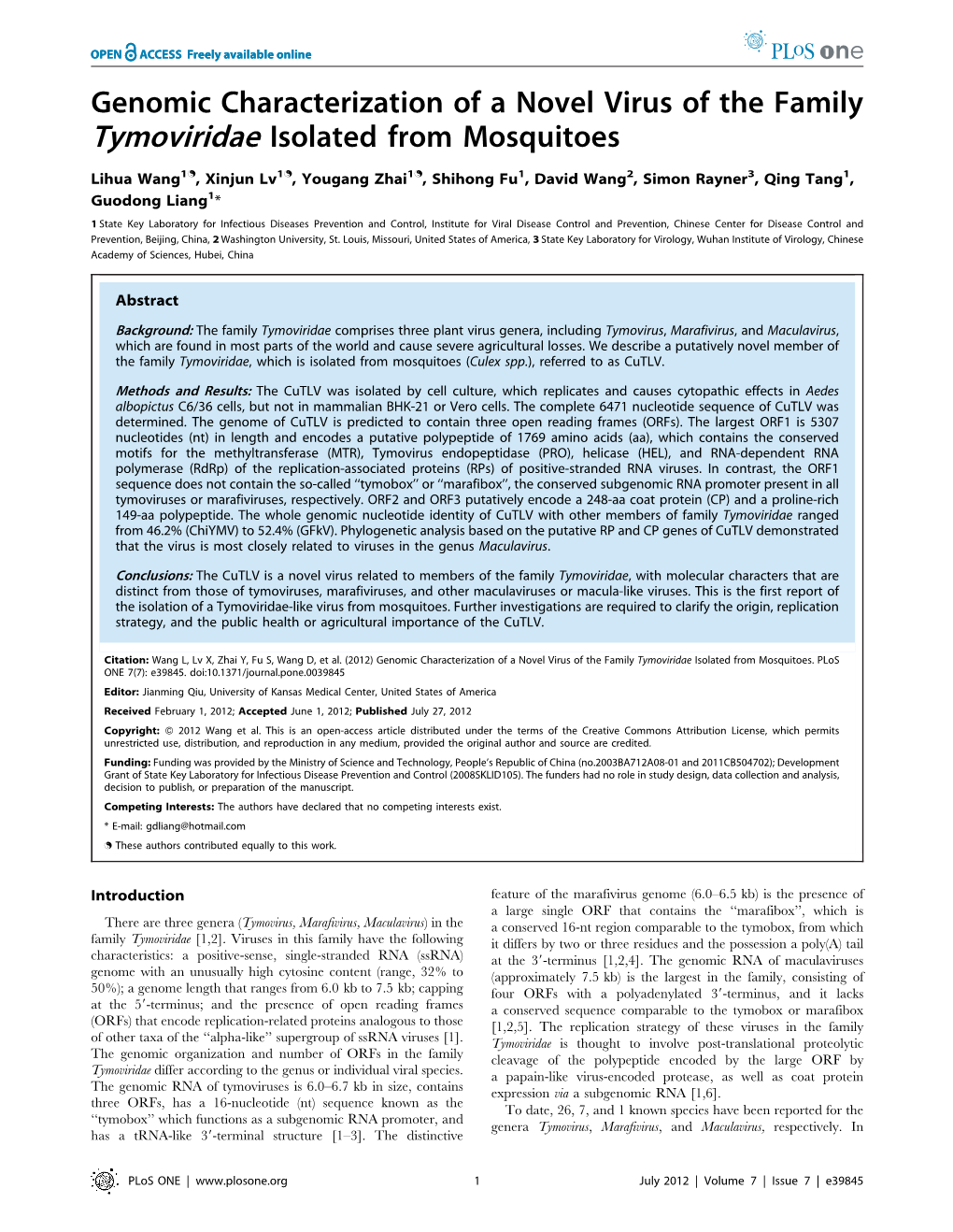 Genomic Characterization of a Novel Virus of the Family Tymoviridae Isolated from Mosquitoes