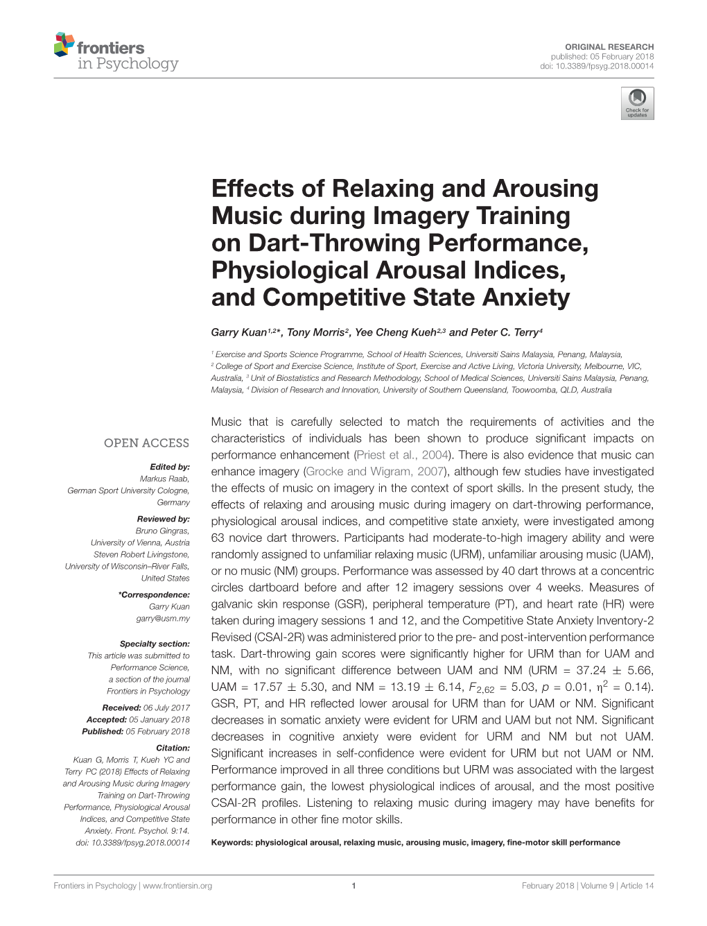 Effects of Relaxing and Arousing Music During Imagery Training on Dart-Throwing Performance, Physiological Arousal Indices, and Competitive State Anxiety