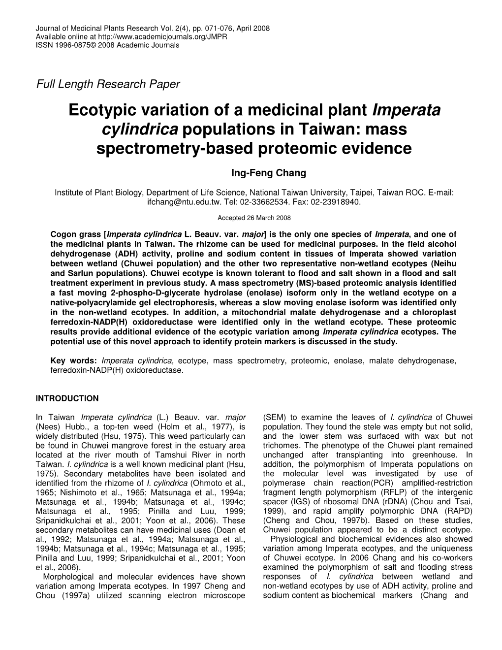 Ecotypic Variation of a Medicinal Plant Imperata Cylindrica Populations in Taiwan: Mass Spectrometry-Based Proteomic Evidence