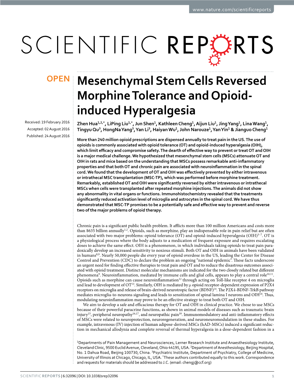 Mesenchymal Stem Cells Reversed Morphine Tolerance and Opioid