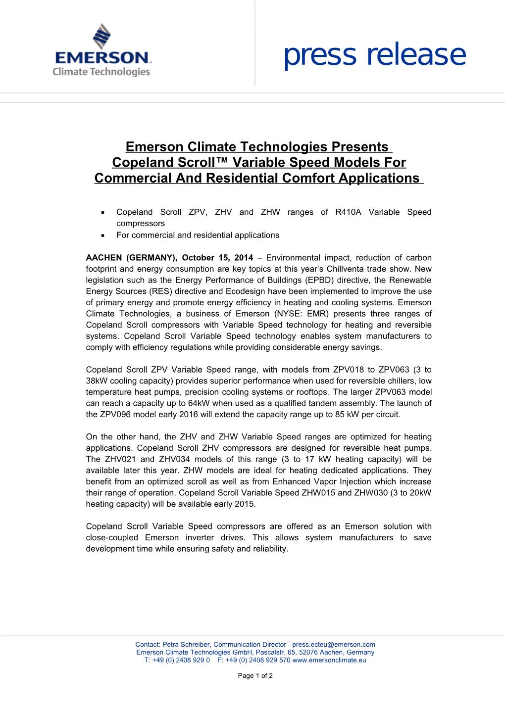 Emerson Climate Technologies Presents Copeland Scroll Variable Speed Models for Commercial