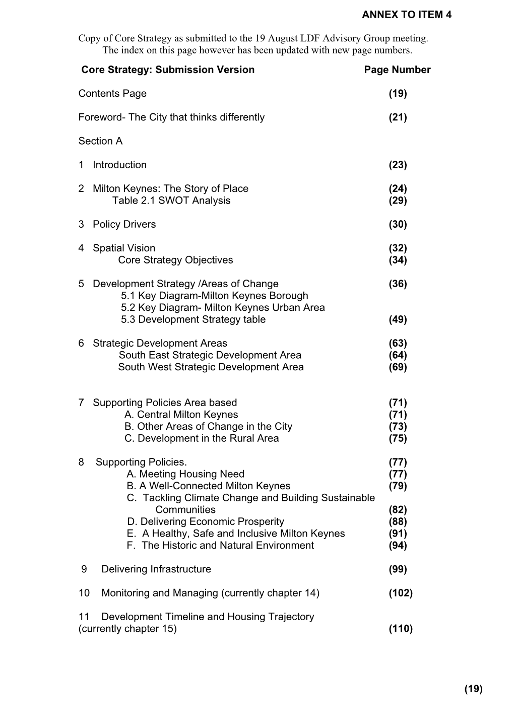 Copy of Core Strategy As Submitted to the 19 August LDF Advisory Group Meeting. the Index on This Page However Has Been Updated with New Page Numbers