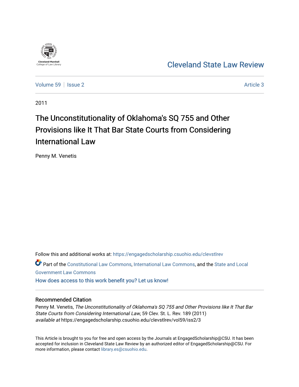 The Unconstitutionality of Oklahoma's SQ 755 and Other Provisions Like It That Bar State Courts from Considering International Law