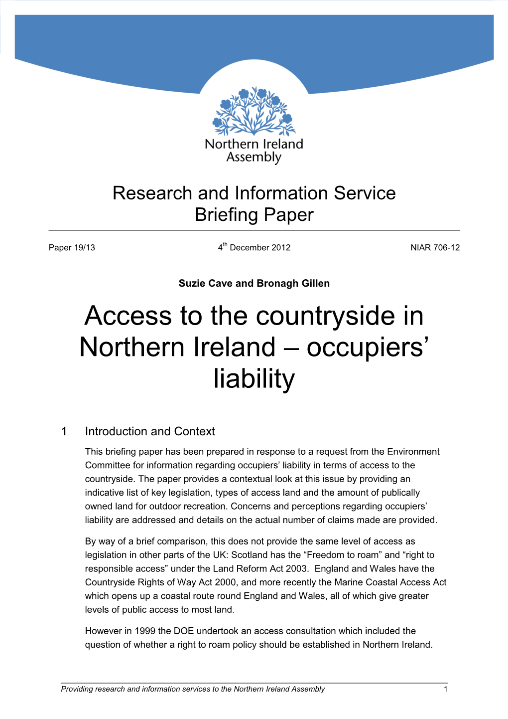 Access to the Countryside in Northern Ireland – Occupiers' Liability