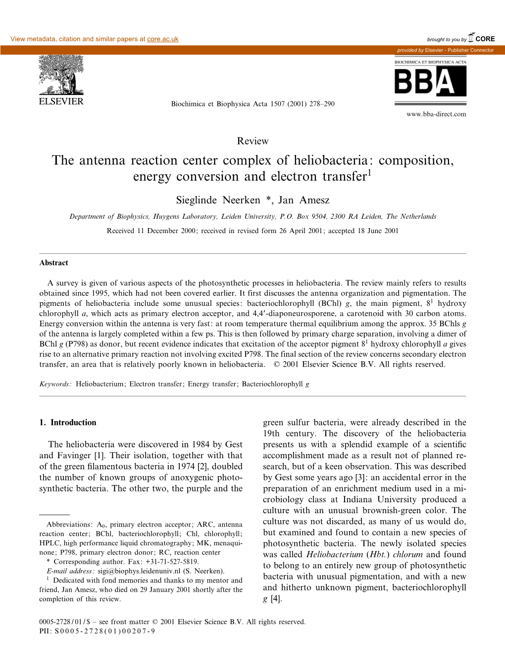 The Antenna Reaction Center Complex of Heliobacteria: Composition, Energy Conversion and Electron Transfer1