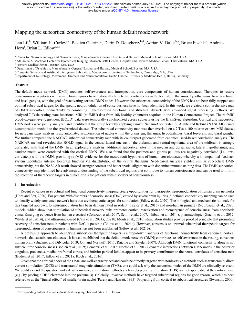 Mapping the Subcortical Connectivity of the Human Default Mode Network