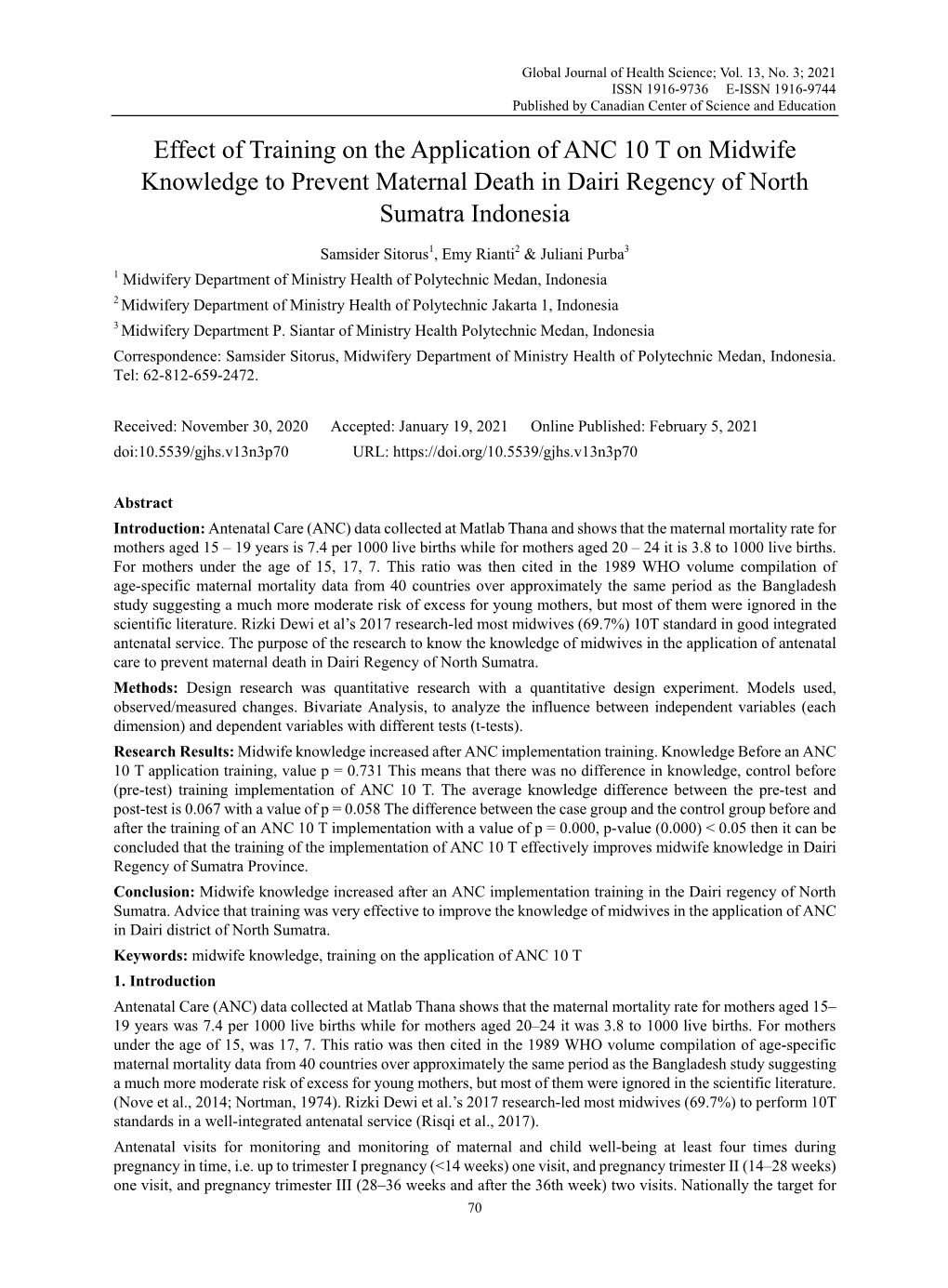 Effect of Training on the Application of ANC 10 T on Midwife Knowledge to Prevent Maternal Death in Dairi Regency of North Sumatra Indonesia