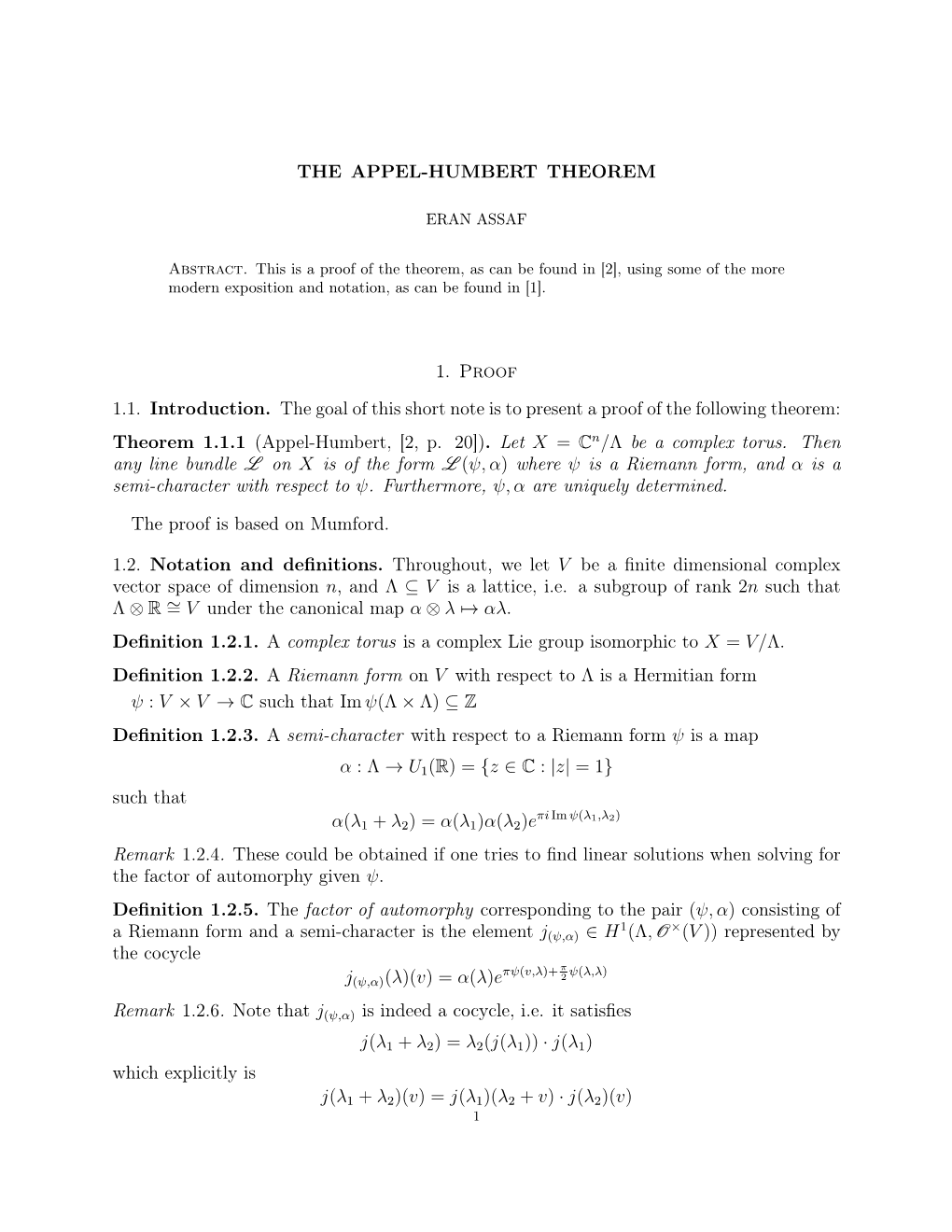 THE APPEL-HUMBERT THEOREM 1. Proof 1.1. Introduction. the Goal of This Short Note Is to Present a Proof of the Following Theorem