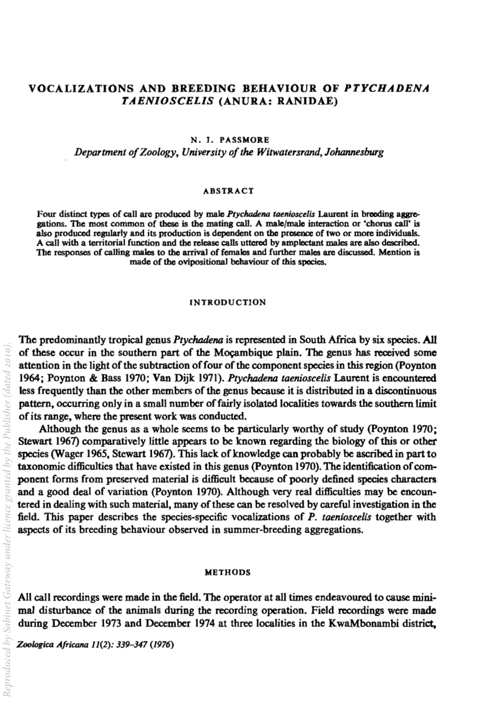 Vocalizations and Breeding Behaviour of Ptychadena Taenioscelis (Anura: Ranidae)