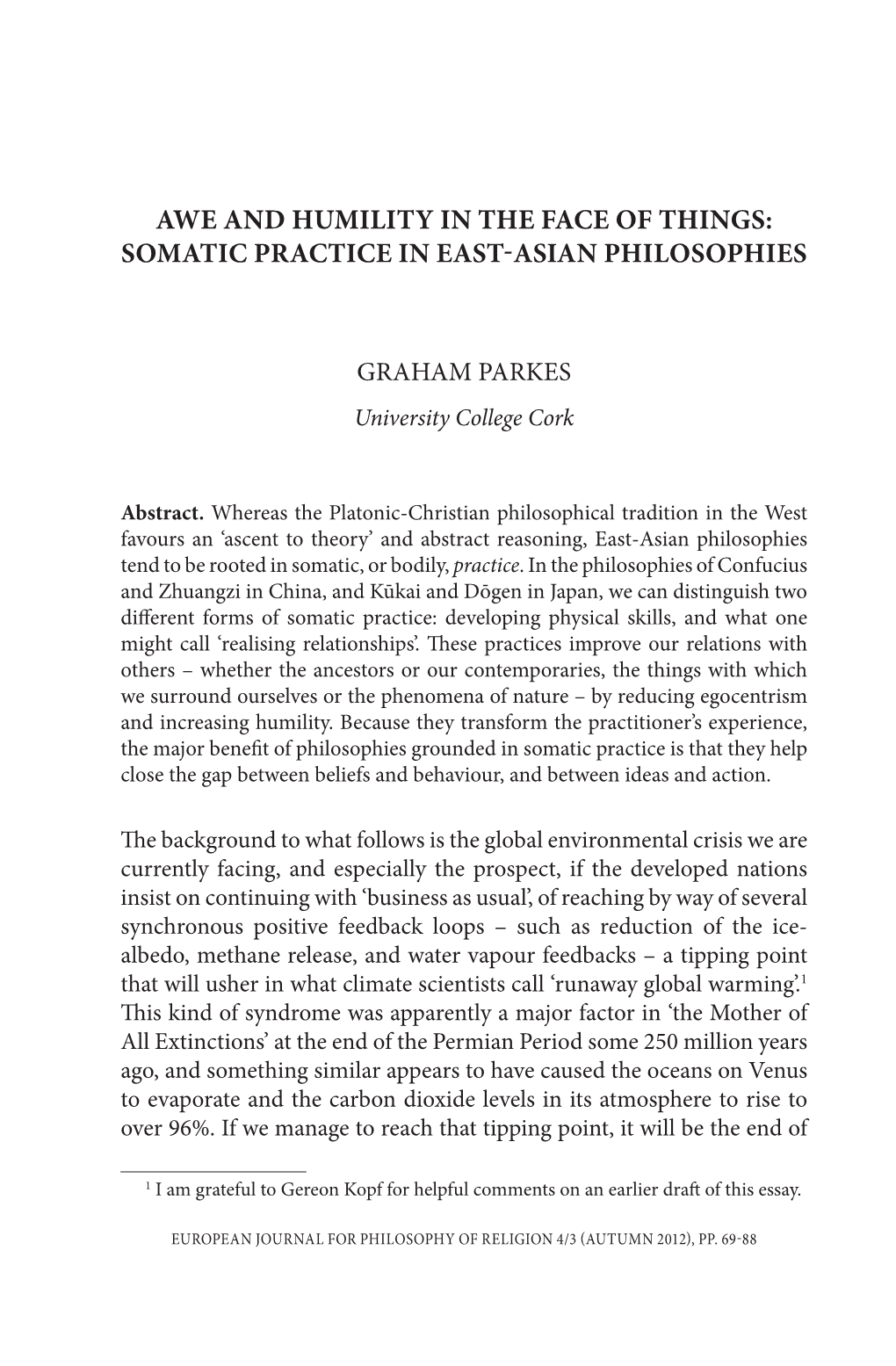 Awe and Humility in the Face of Things: Somatic Practice in East-Asian Philosophies