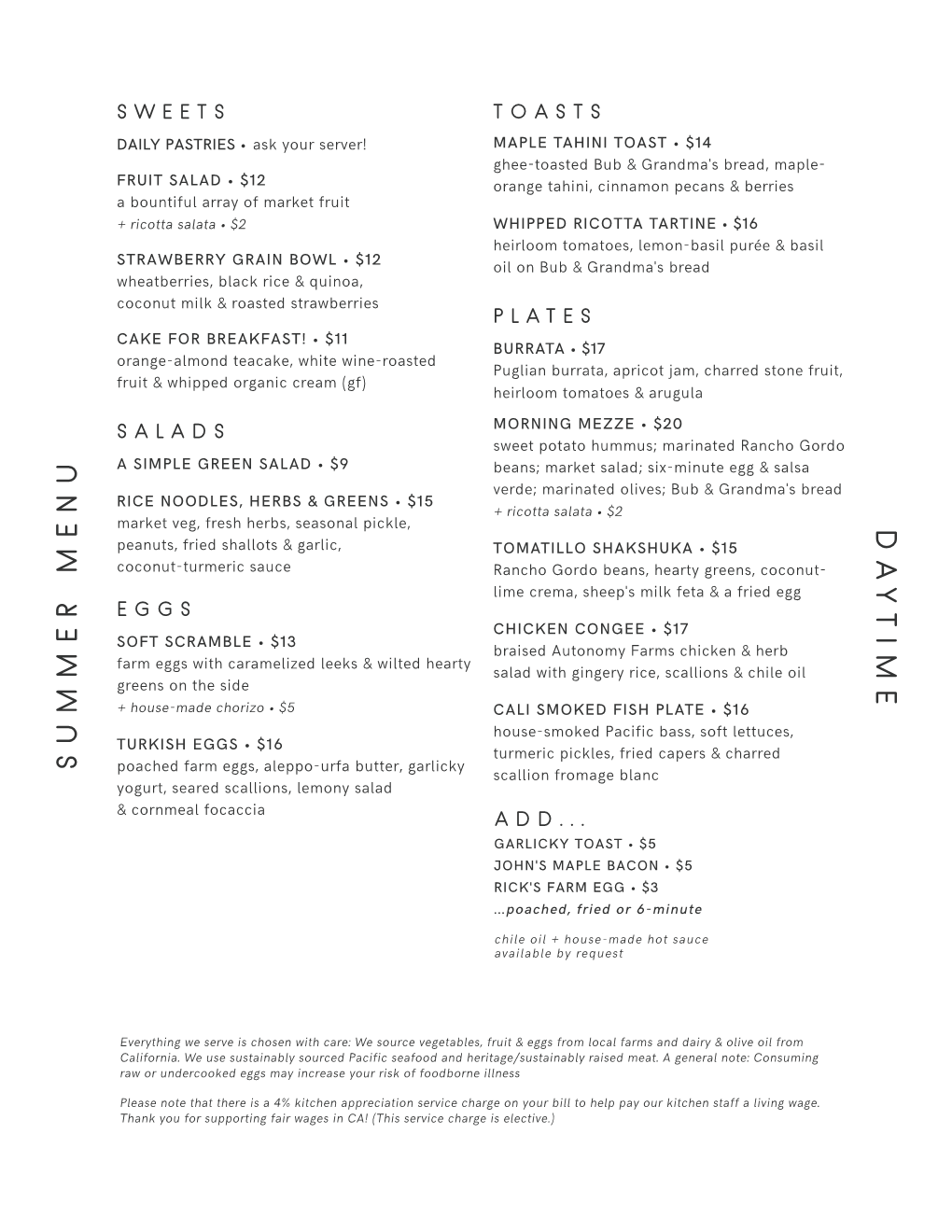 Da Ytime Summer Menu