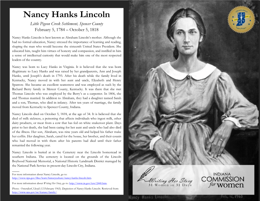Nancy Hanks Lincoln Little Pigeon Creek Settlement, Spencer County