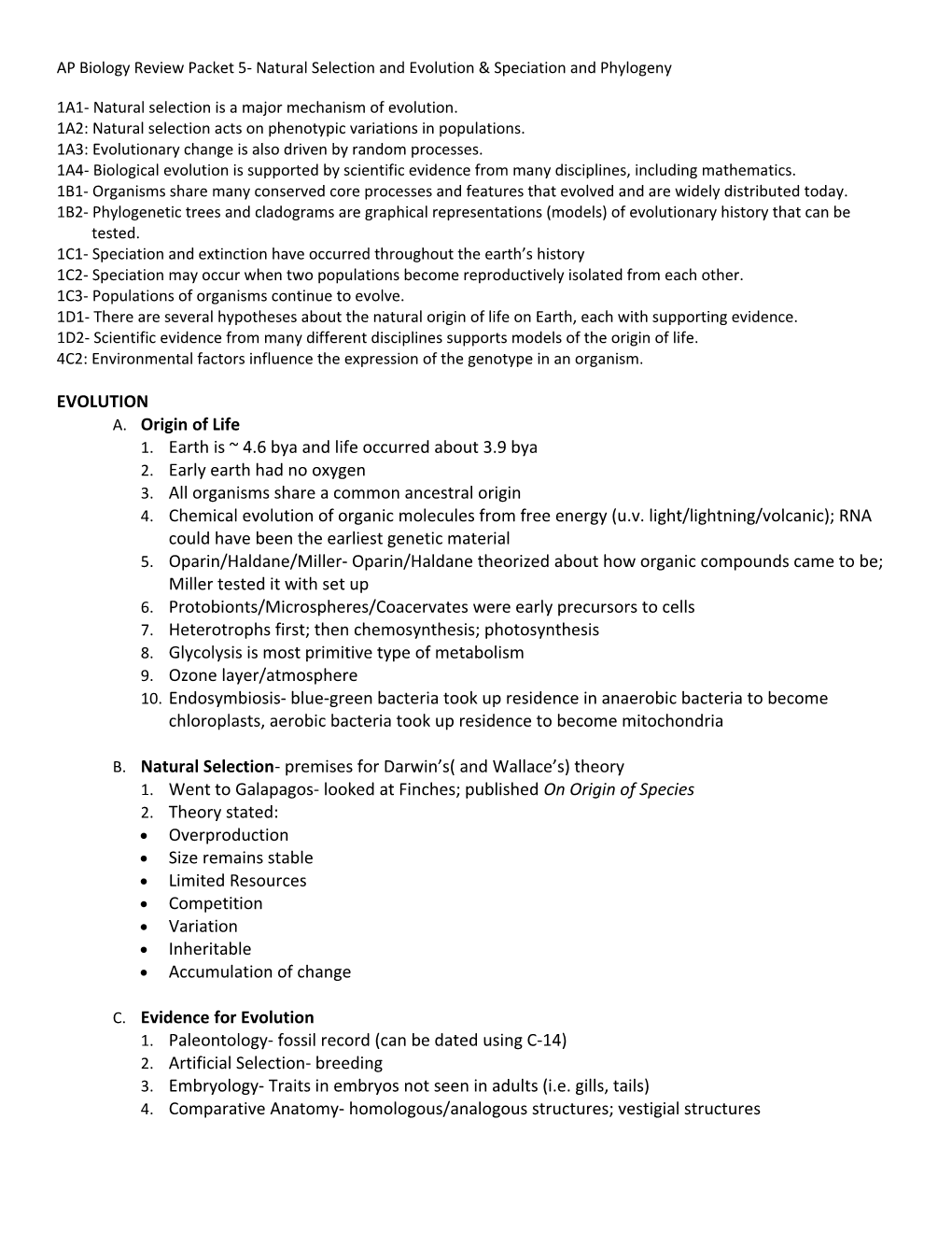 AP Biology Review Packet 5- Natural Selection and Evolution & Speciation and Phylogeny