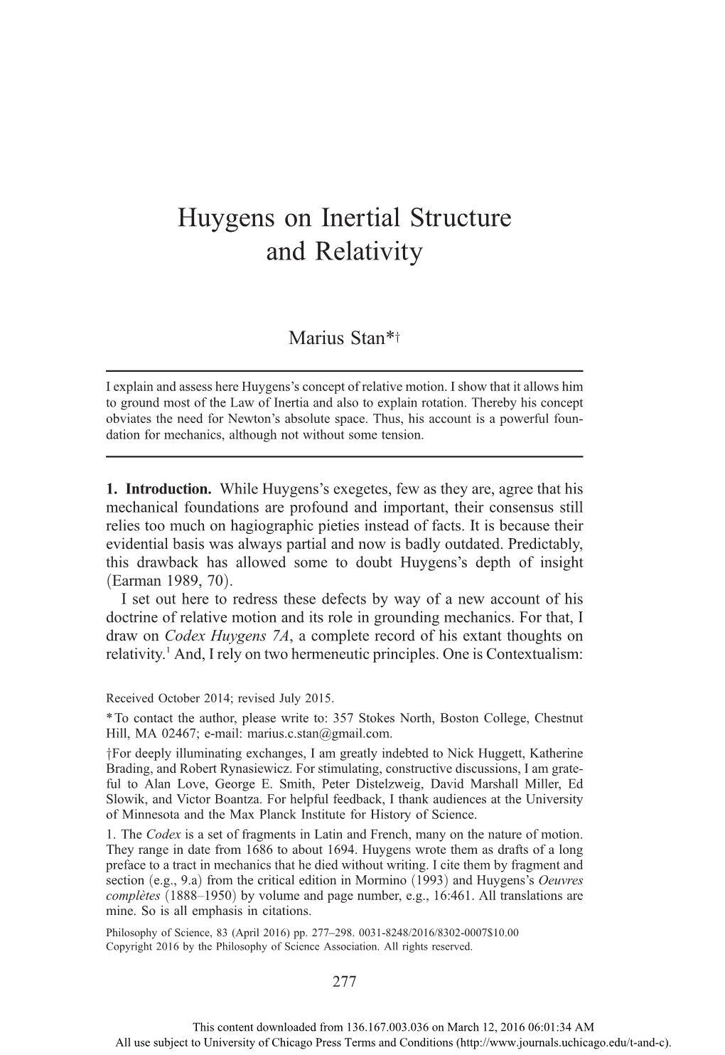 Huygens on Inertial Structure and Relativity
