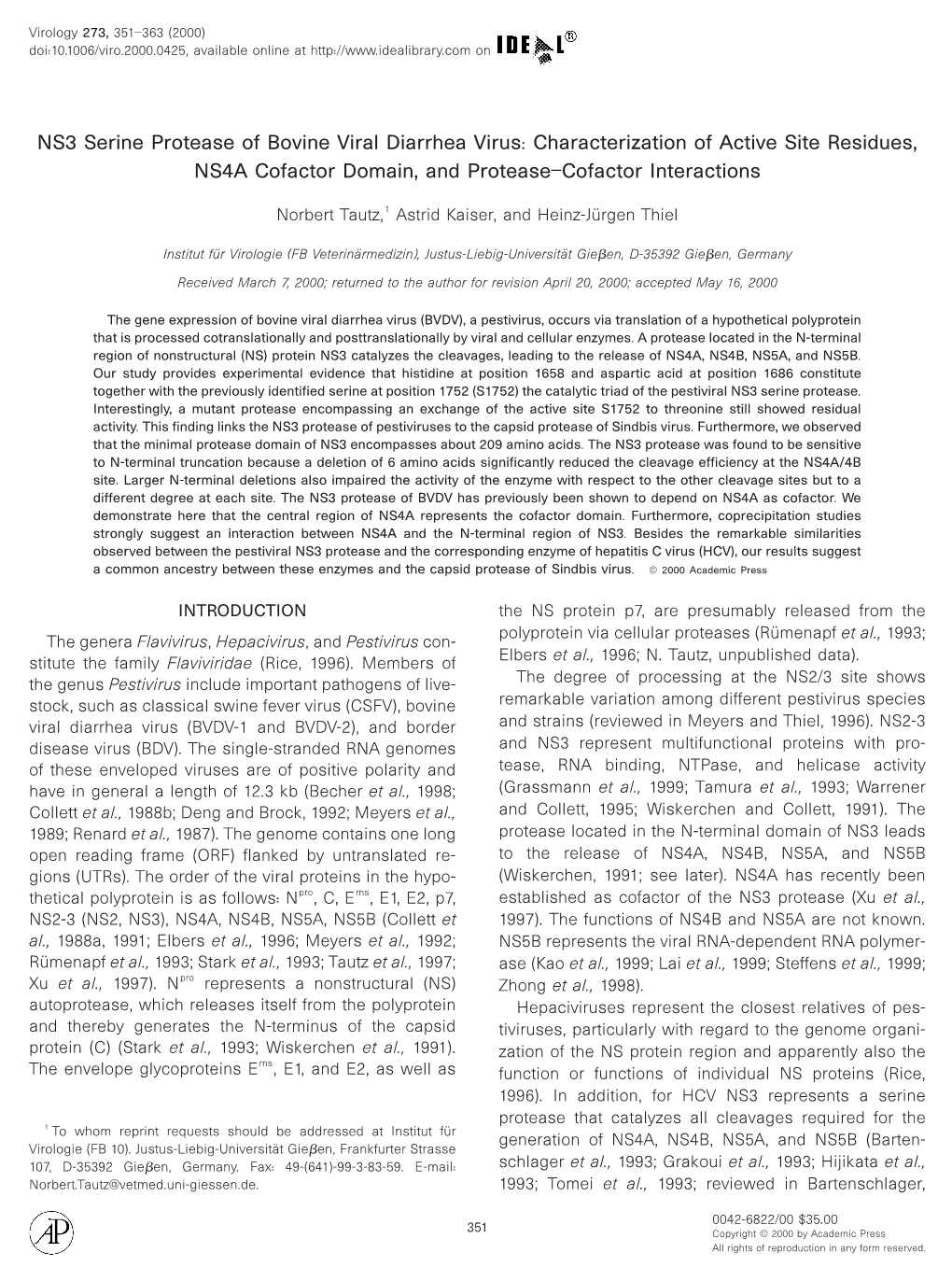 NS3 Serine Protease of Bovine Viral Diarrhea Virus: Characterization of Active Site Residues, NS4A Cofactor Domain, and Protease–Cofactor Interactions