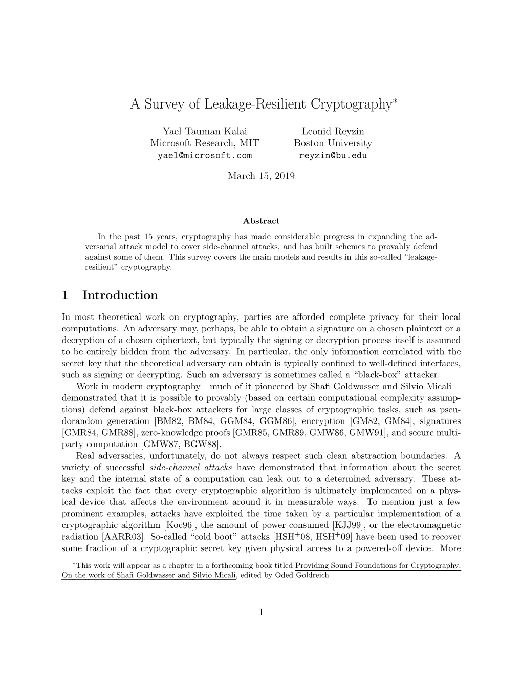 A Survey of Leakage-Resilient Cryptography∗