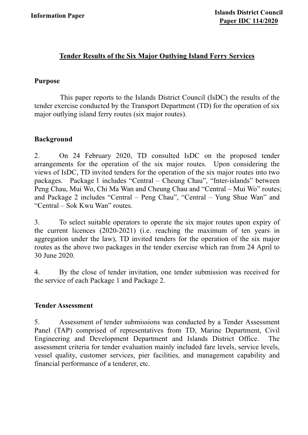 Tender Results of the Six Major Outlying Island Ferry Services