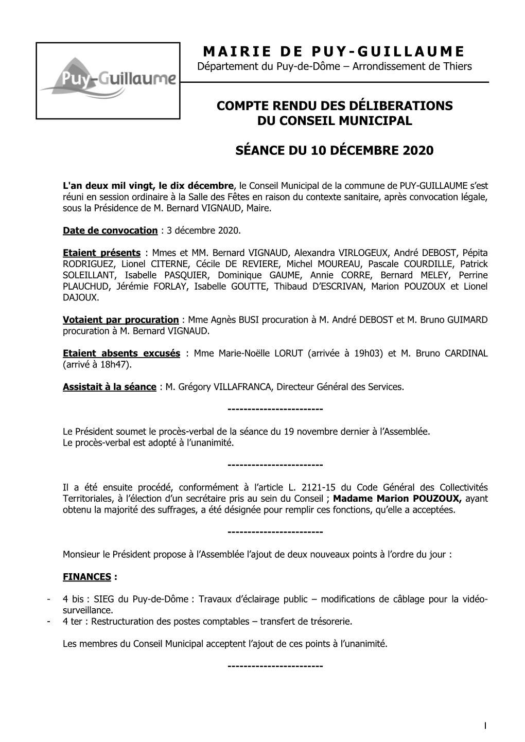 Conseil Municipal Du 10 Décembre 2020