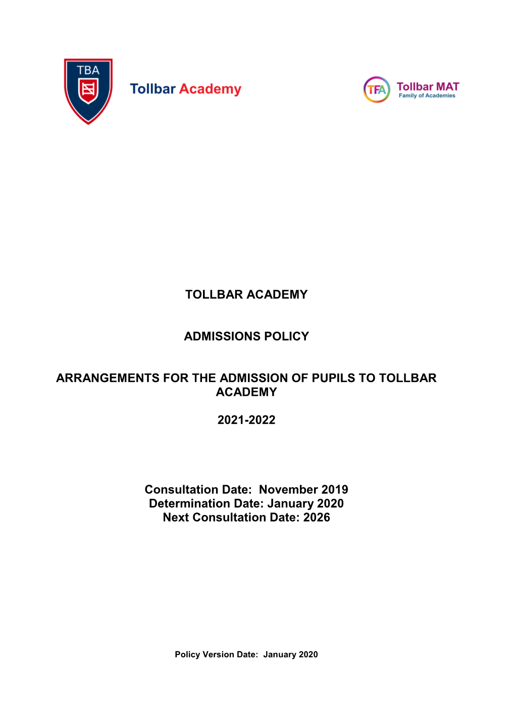 Tollbar Academy Admissions Policy 2021-2022
