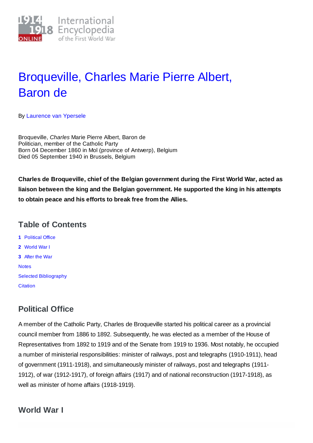 Broqueville, Charles Marie Pierre Albert, Baron De