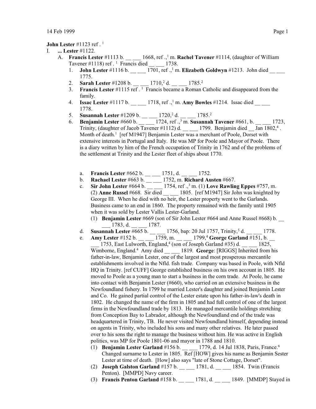 14 Feb 1999 Page 1 John Lester #1123 Ref . 1 I...Lester #1122. A