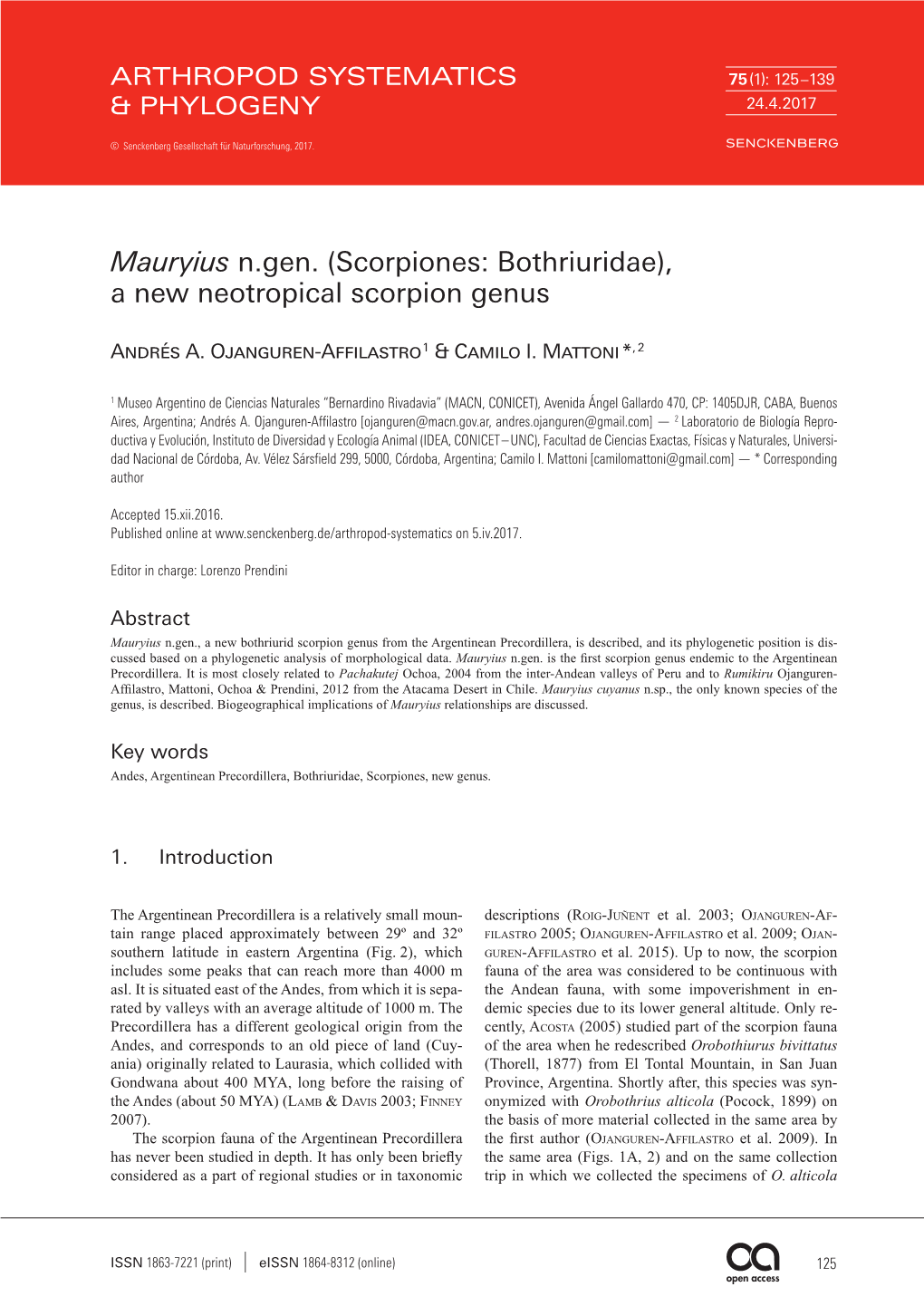 Mauryius N.Gen. (Scorpiones: Bothriuridae), a New Neotropical Scorpion Genus