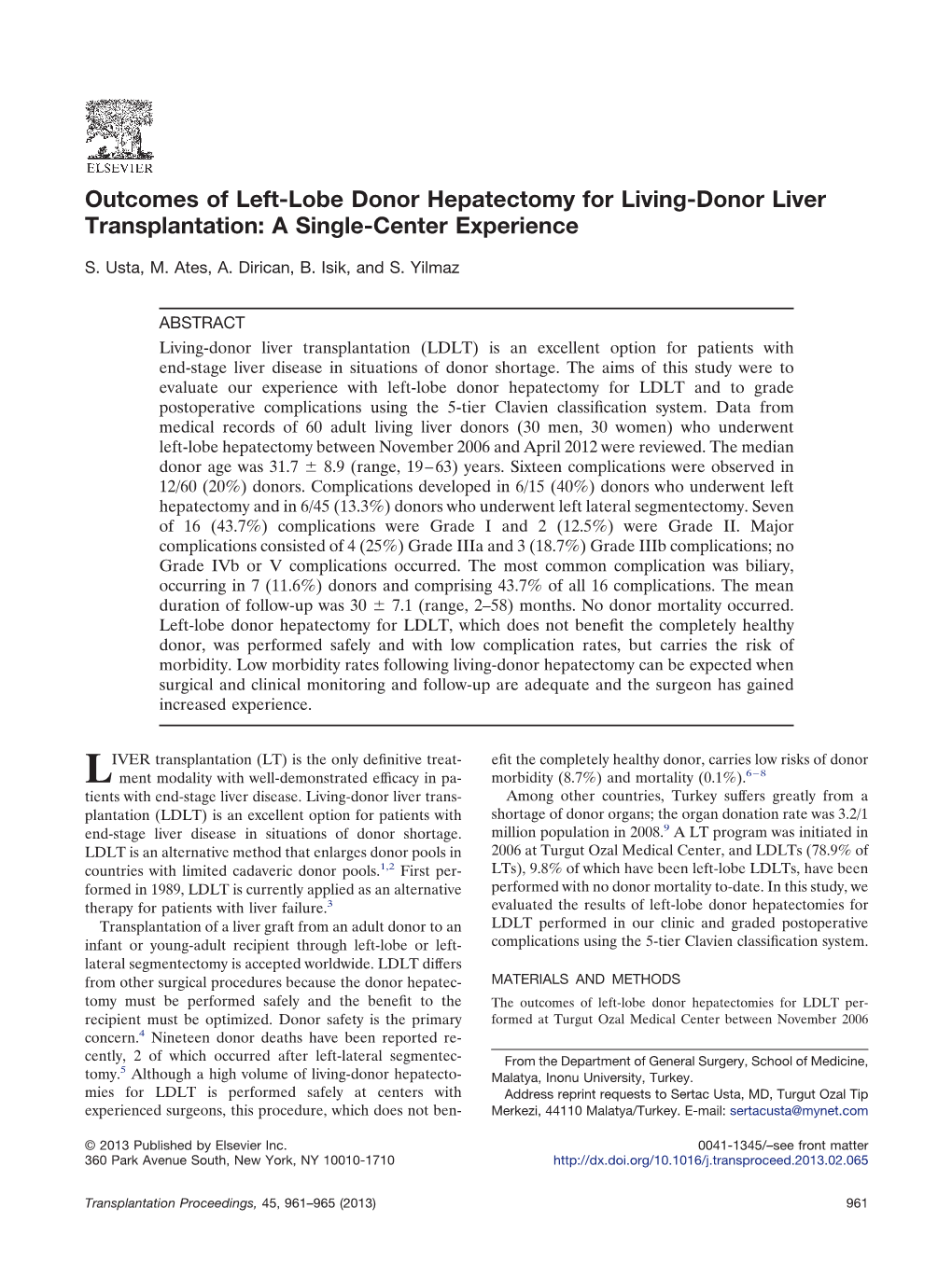 Outcomes of Left-Lobe Donor Hepatectomy for Living-Donor Liver Transplantation: a Single-Center Experience