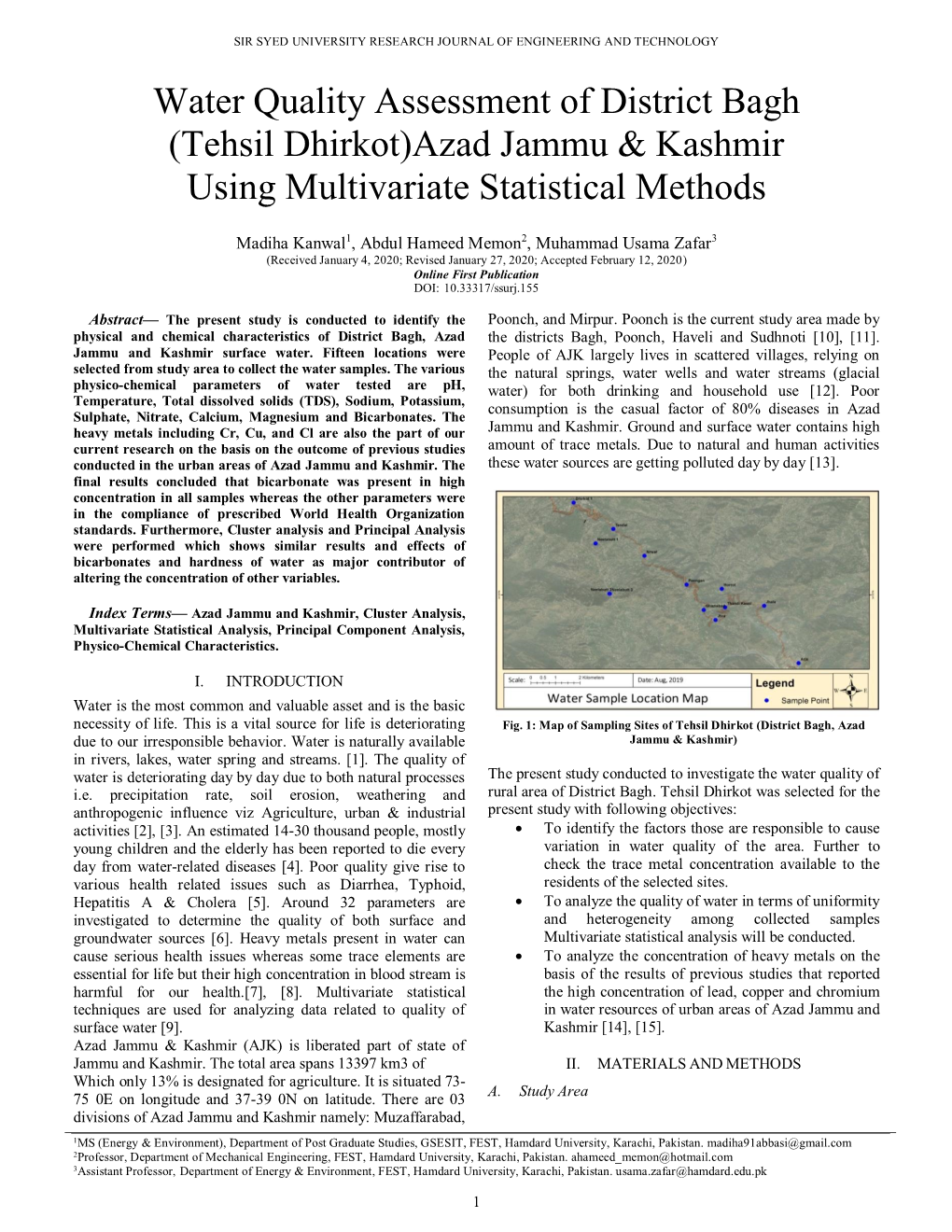 Water Quality Assessment of District Bagh (Tehsil Dhirkot)Azad Jammu & Kashmir Using Multivariate Statistical Methods
