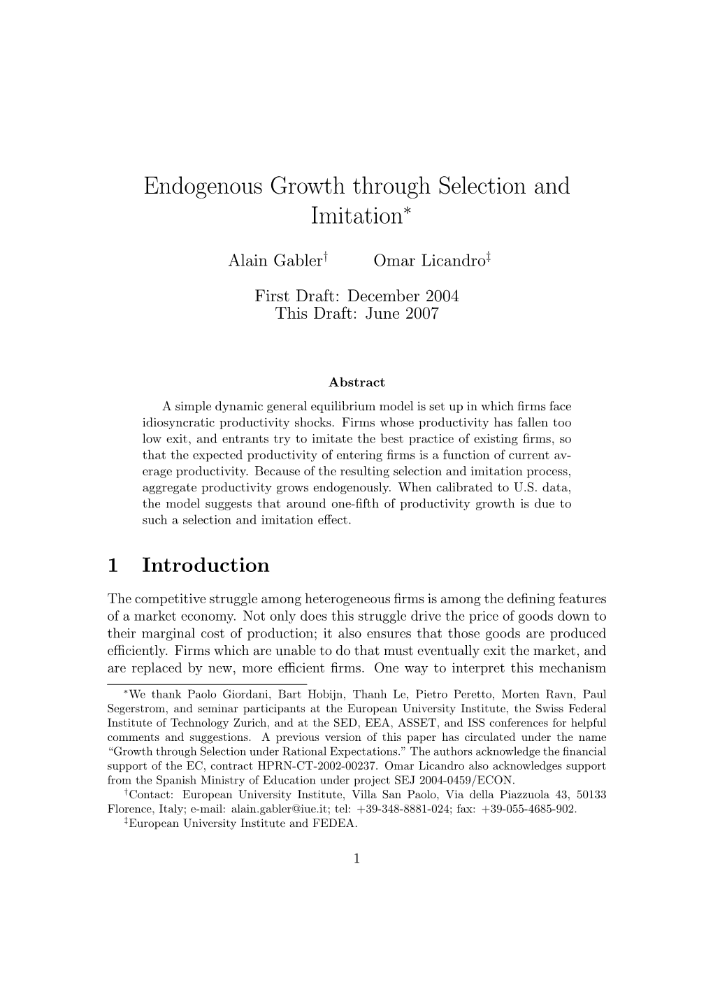 Endogenous Growth Through Selection and Imitation